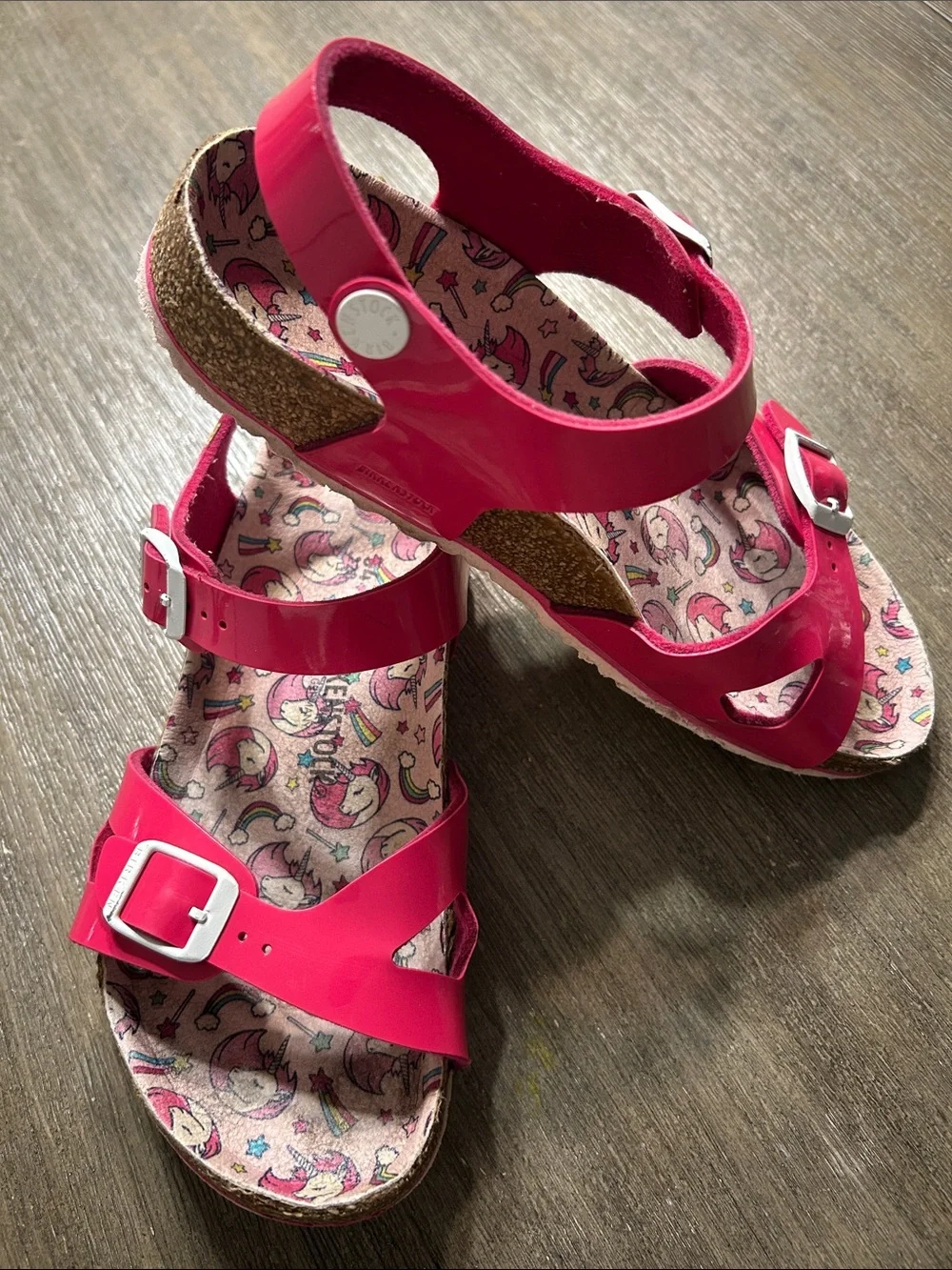Birkenstock Girls Pink Buckle Sandals with Unicorn Print Sz. 3.